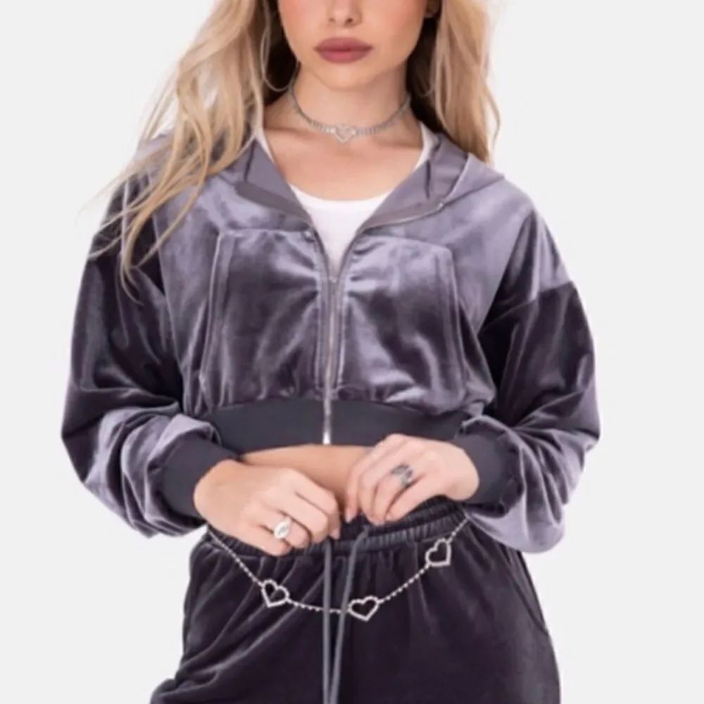 Adika Gambino Gray Zip-Up Velvet Crop Top Hoodie Size XL